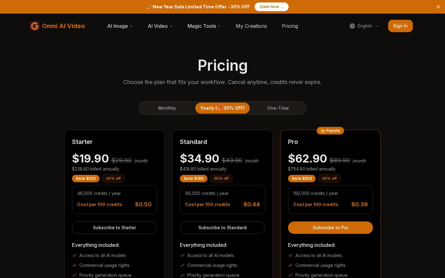 Omni AI Video Pricing