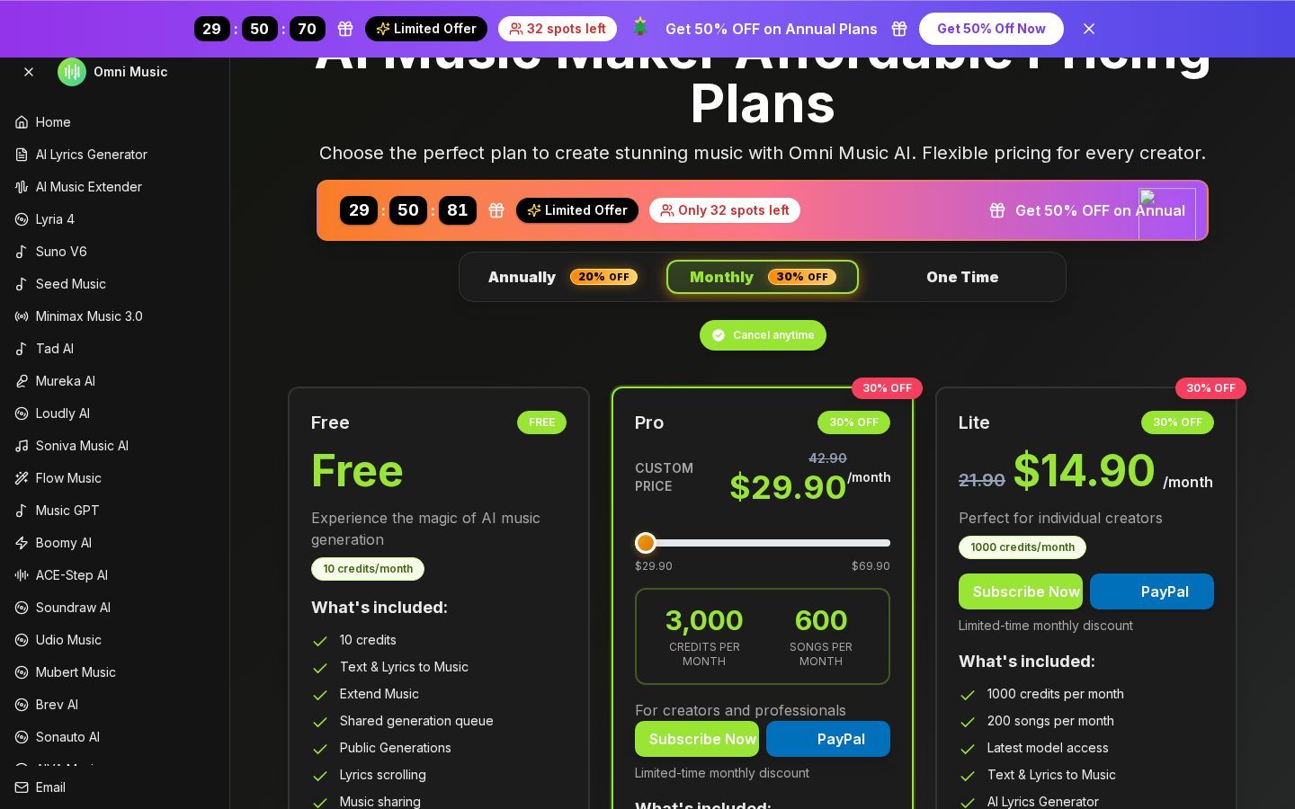 Omni Music AI Music Generator Pricing