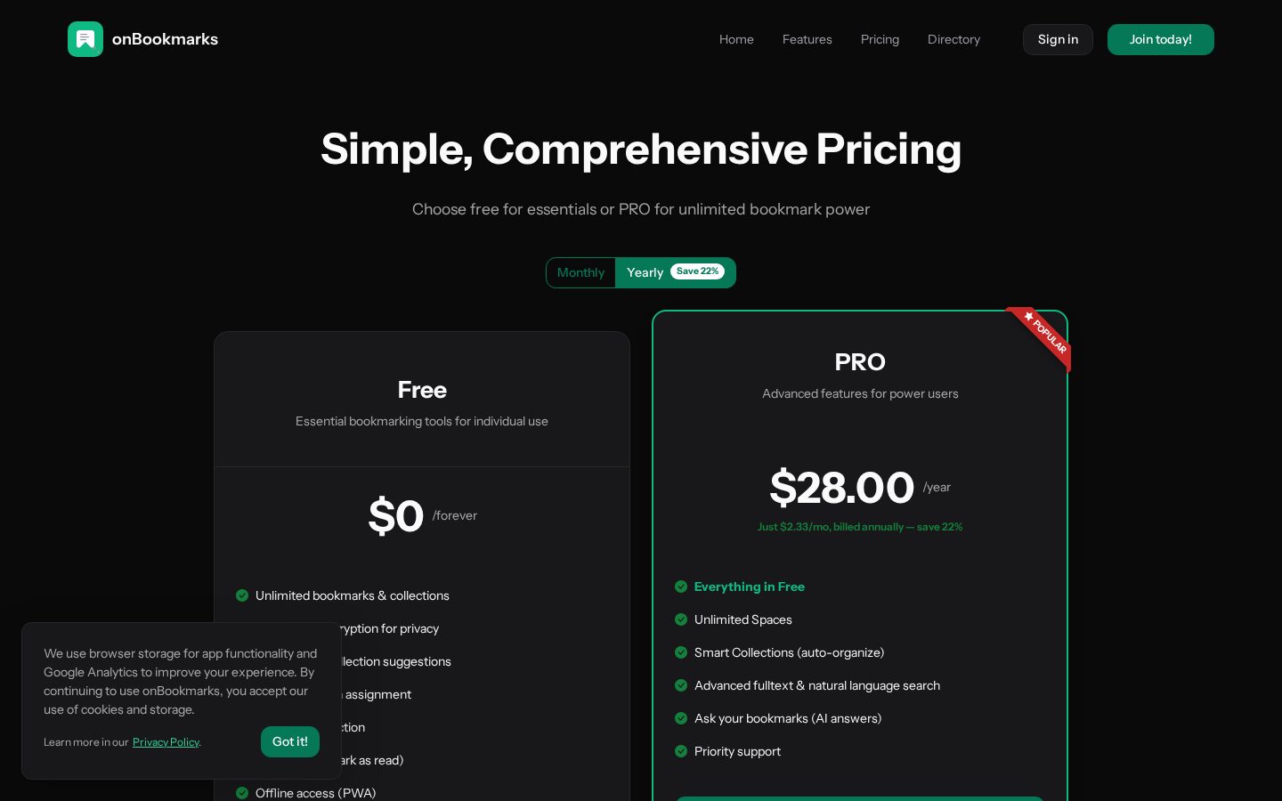 onBookmarks Pricing