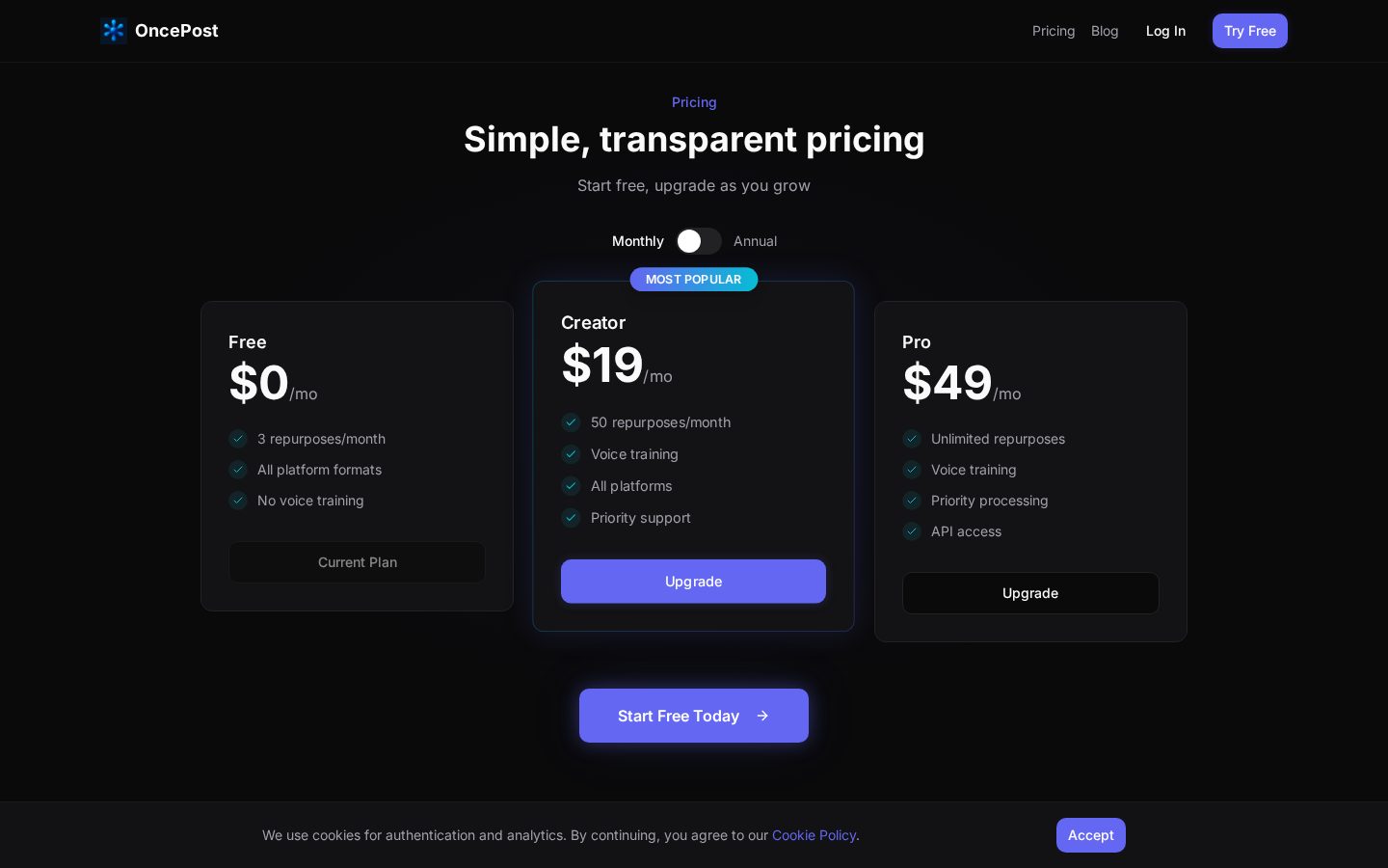 OncePost Pricing
