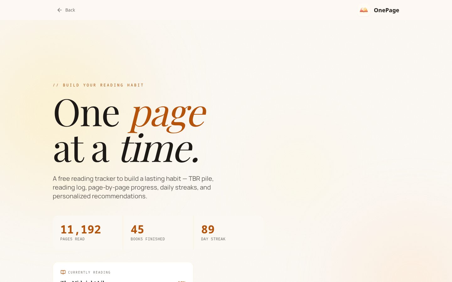 OnePage Reading Tracker Homepage
