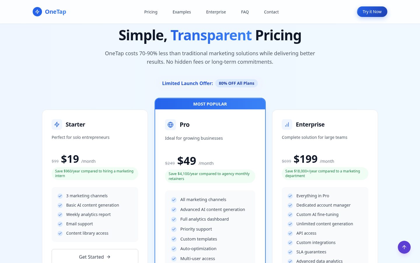 OneTap Marketing Pricing