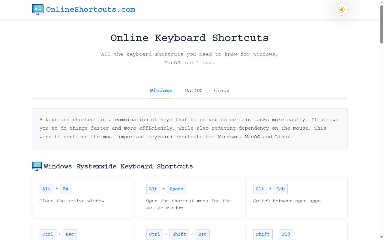 Online Keyboard Shortcuts Homepage