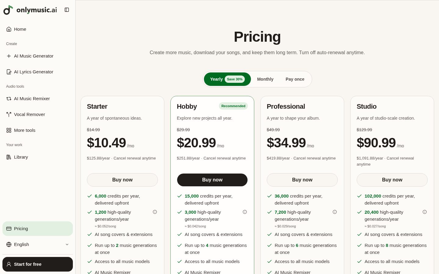 onlymusic.ai Pricing