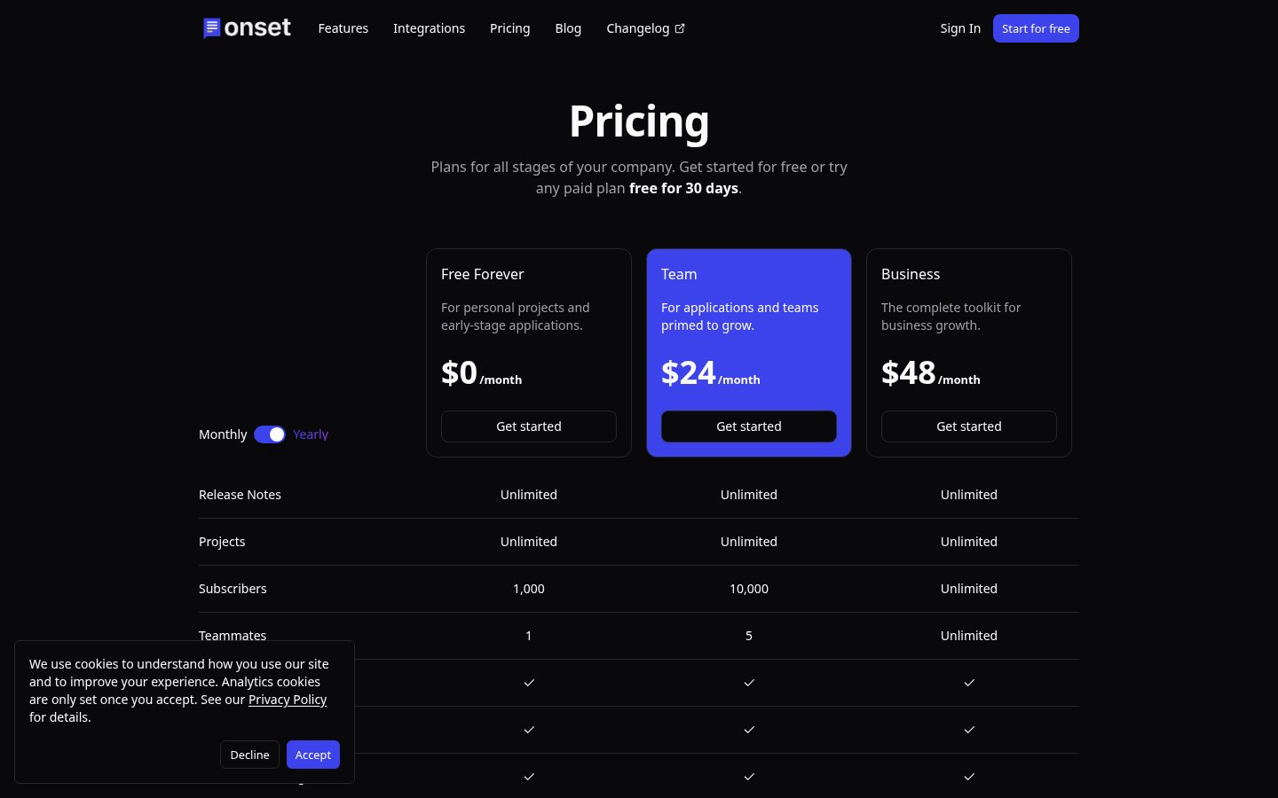 Onset Pricing