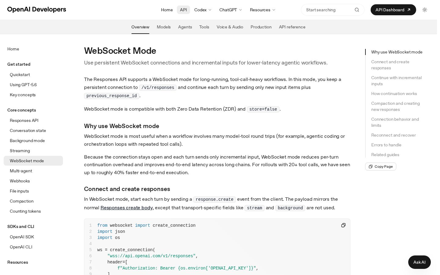 OpenAI WebSocket Mode for Responses API Homepage