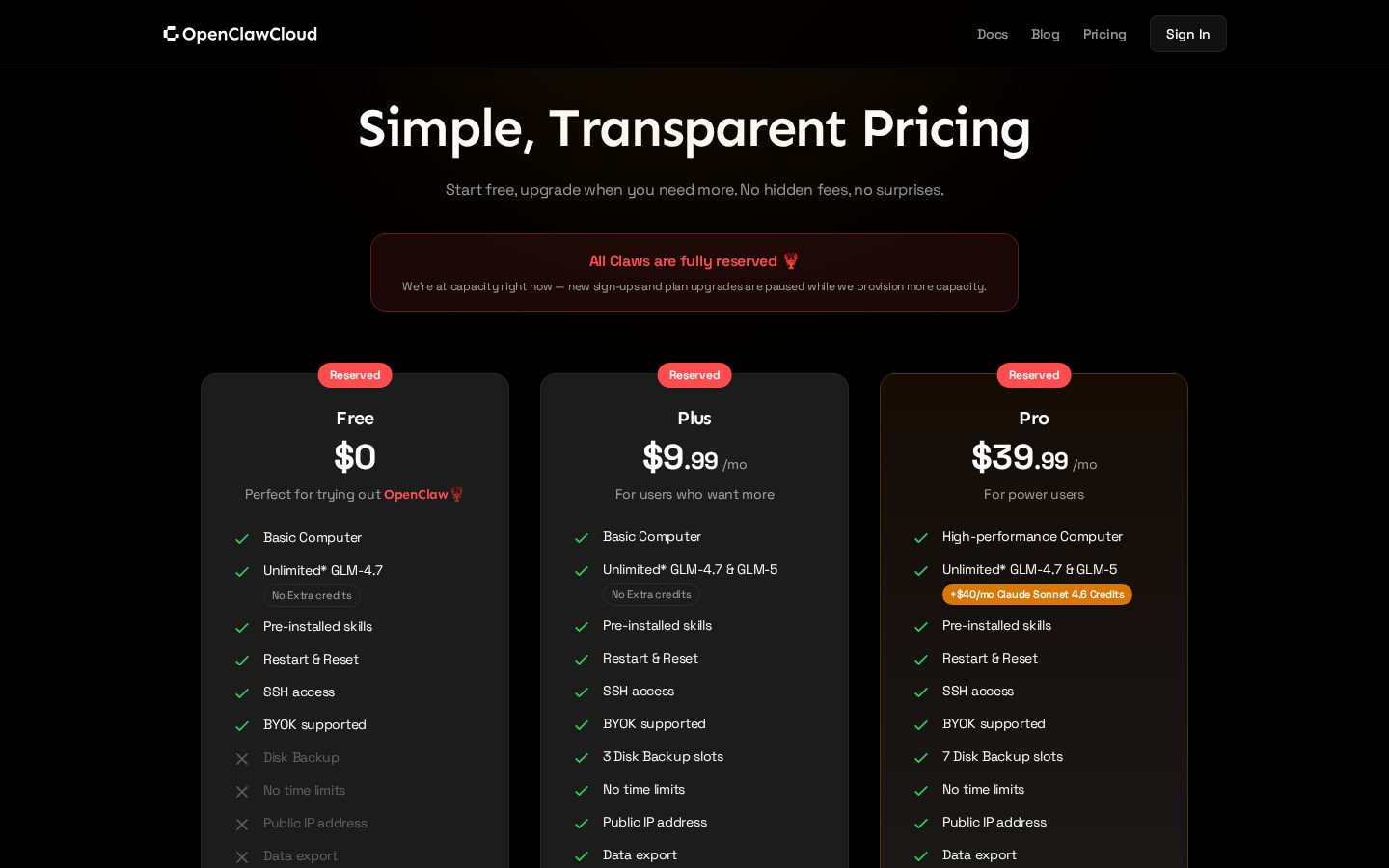 OpenClawCloud Pricing