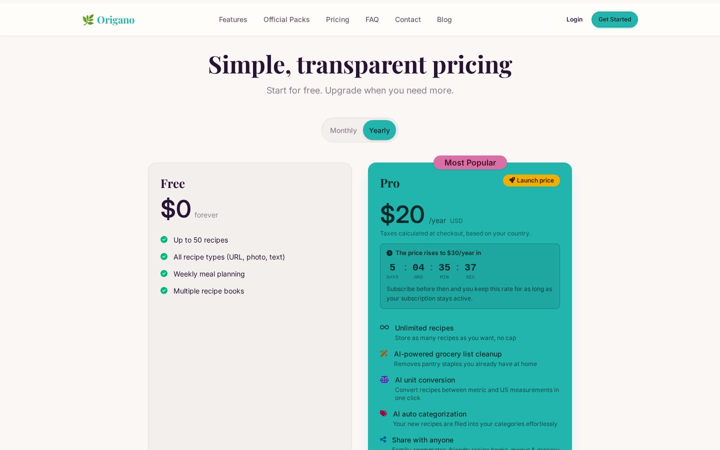 Origano Pricing