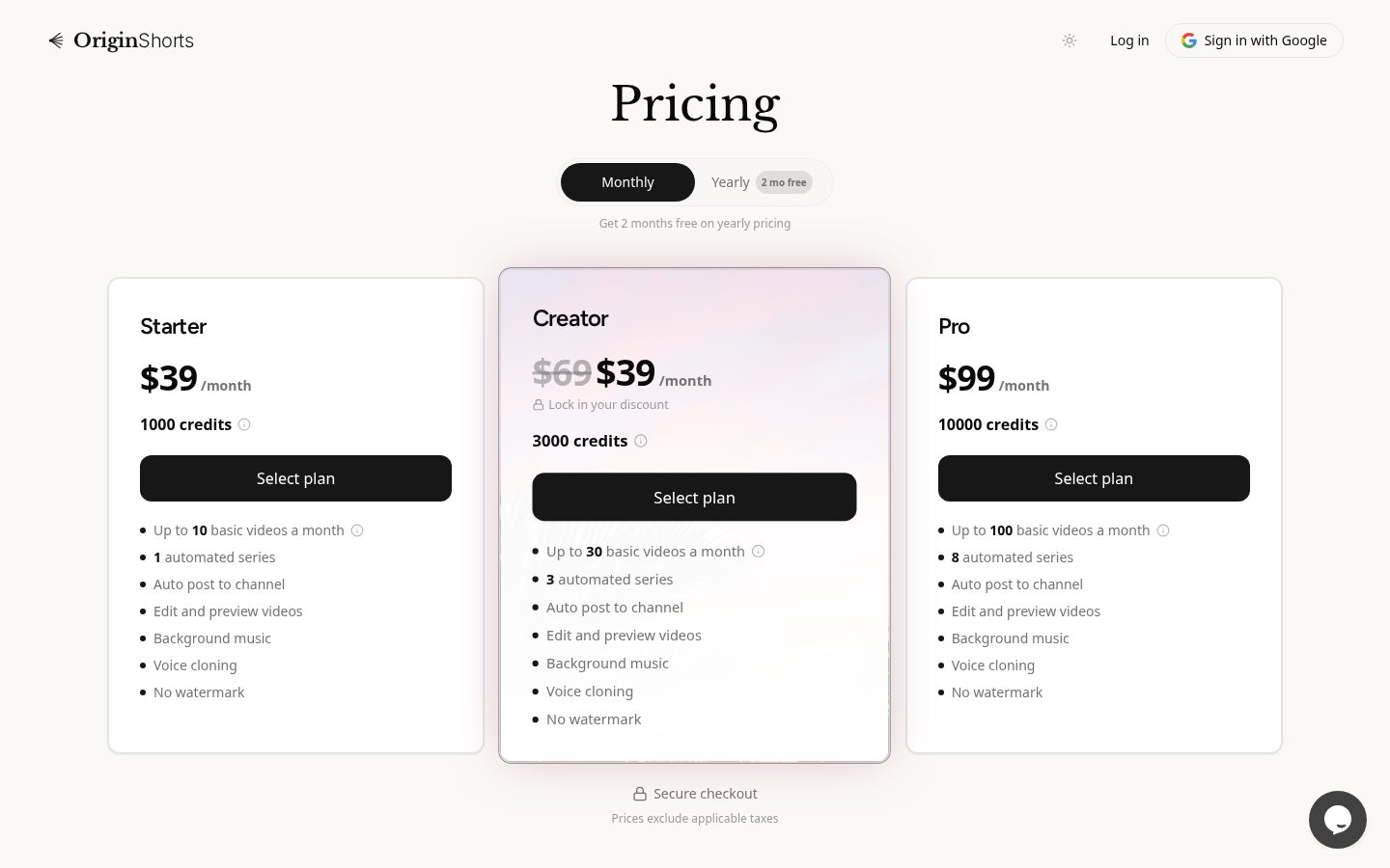 OriginShorts Pricing
