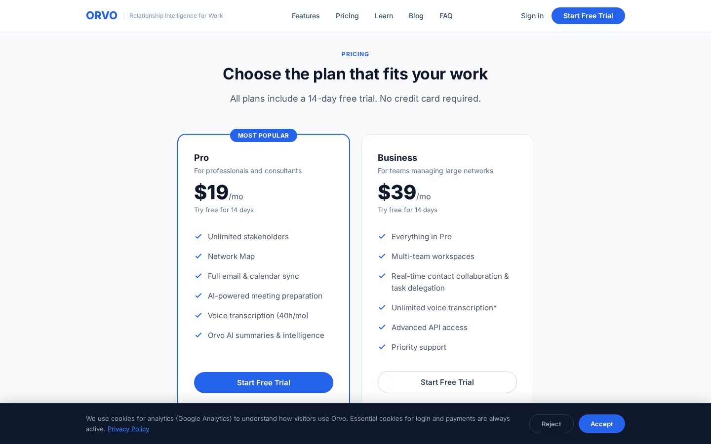 Orvo Pricing