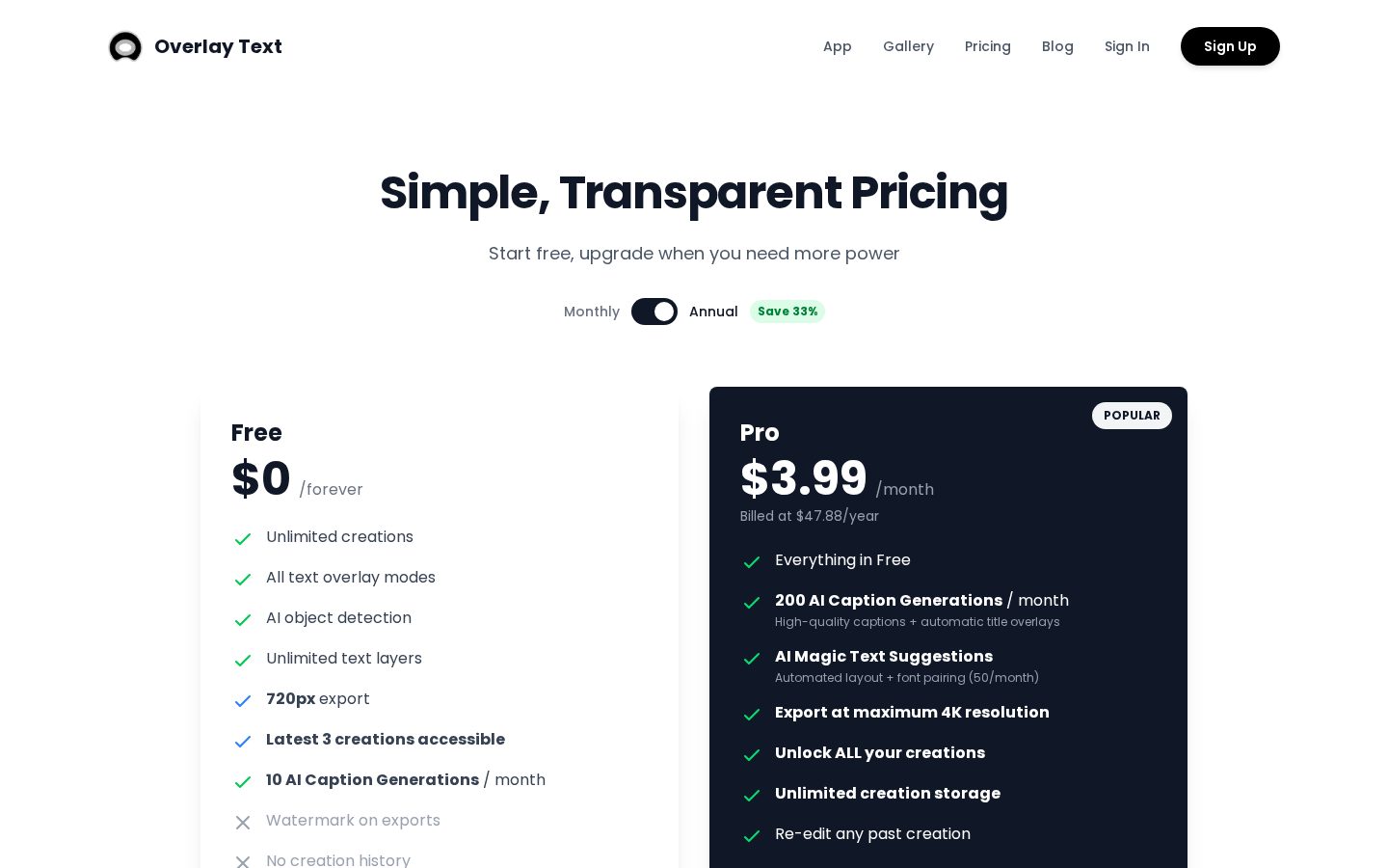 Overlay Text Pricing