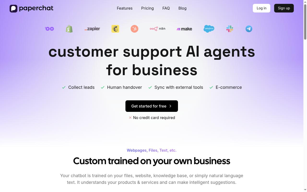 Paperchat - AI customer support Homepage