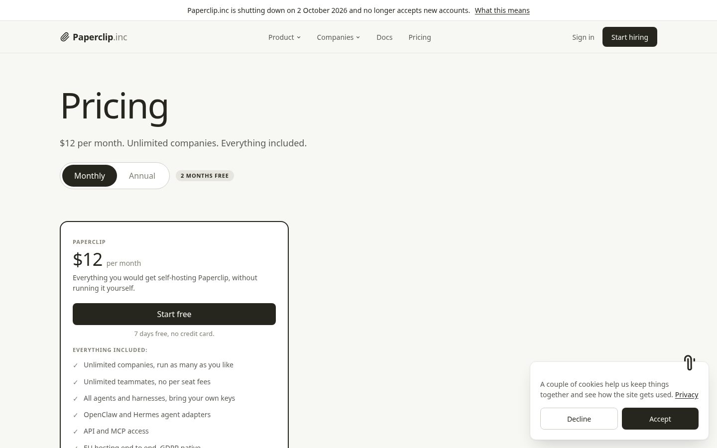 Paperclip.inc Pricing