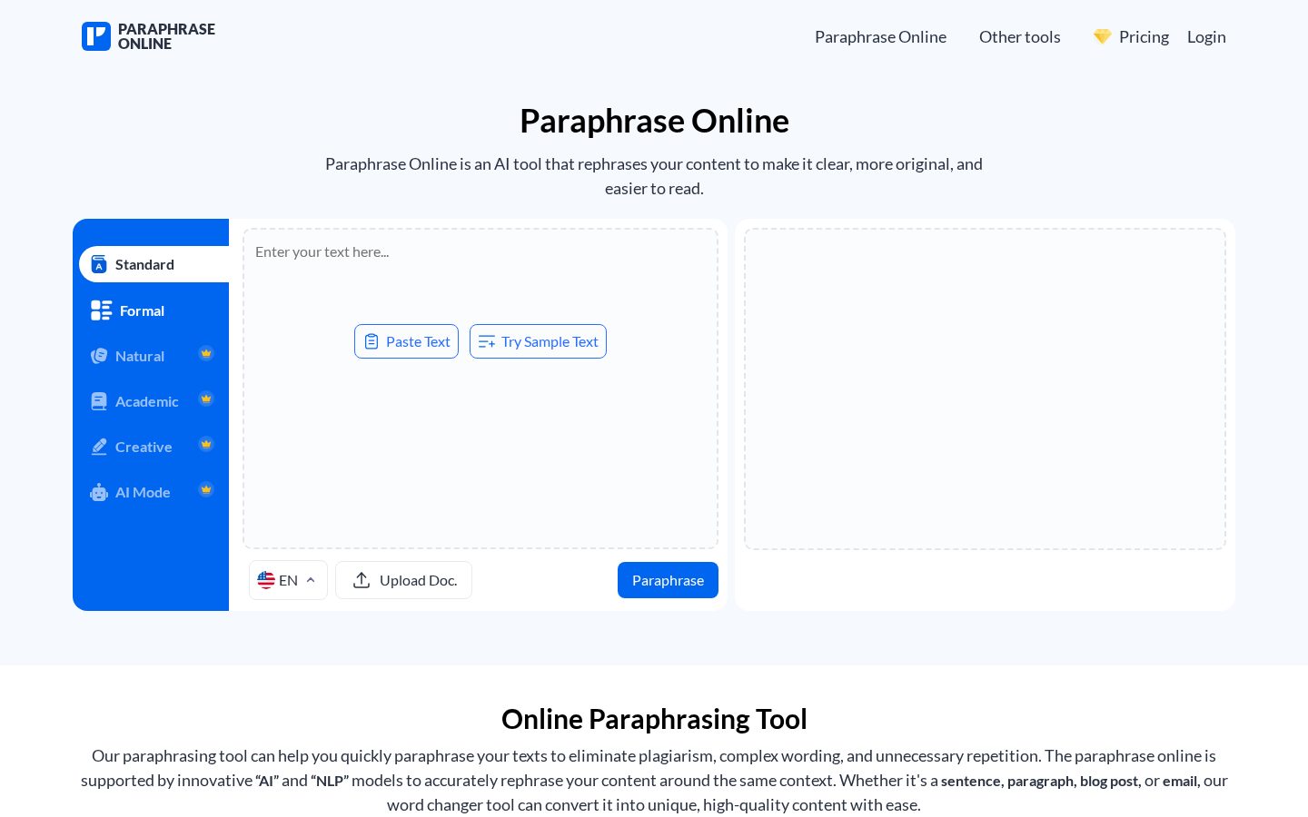 Paraphrase Online Homepage