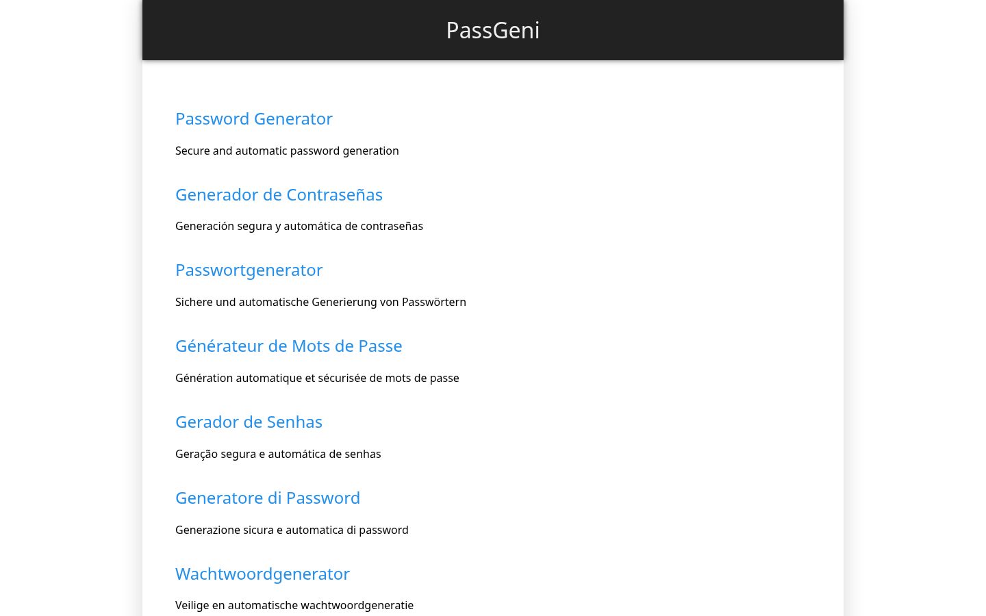 PassGeni Homepage