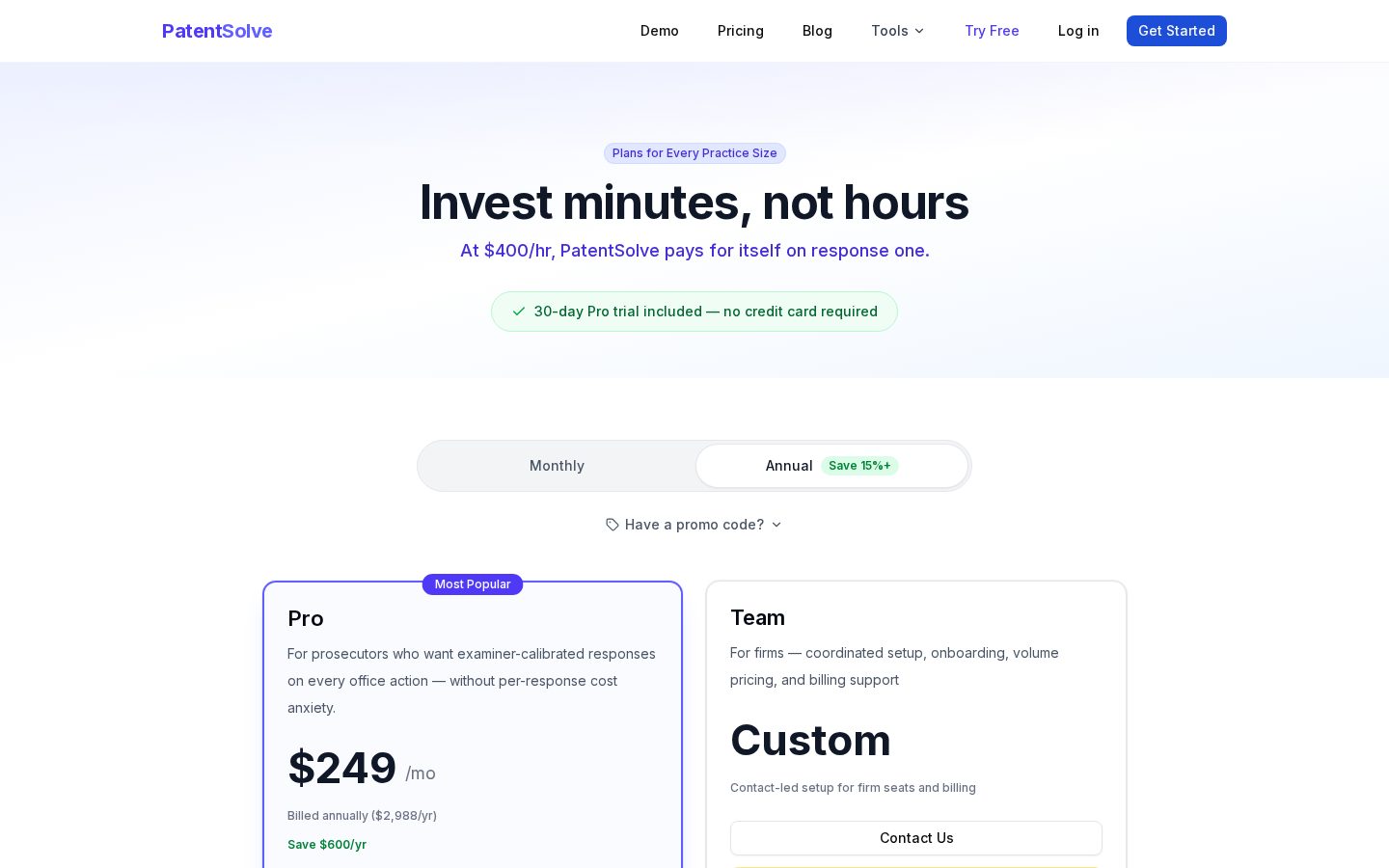 Patent Solve Pricing