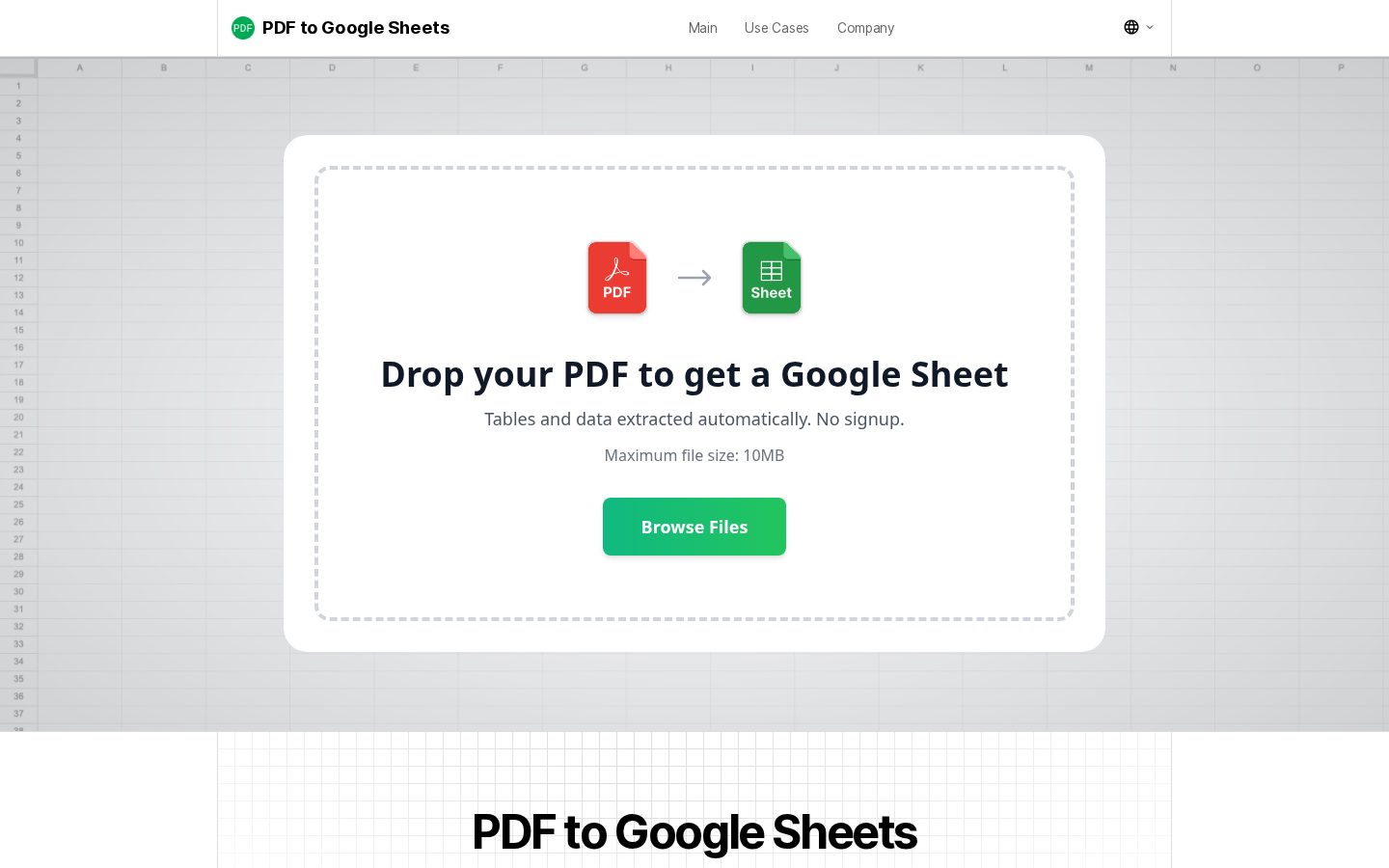PDF to Google Sheets Homepage