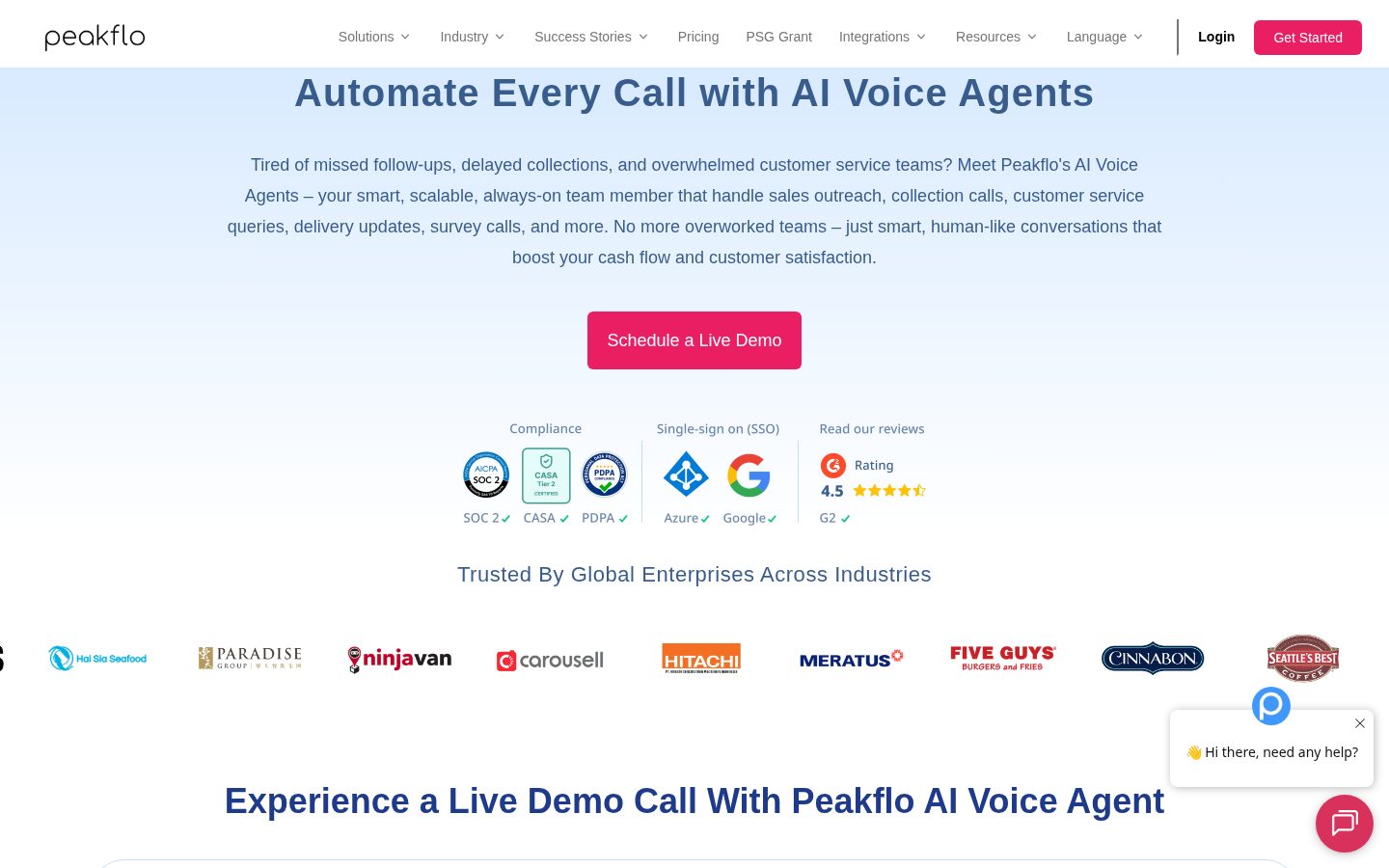 Peakflo AI Voice Agents Homepage