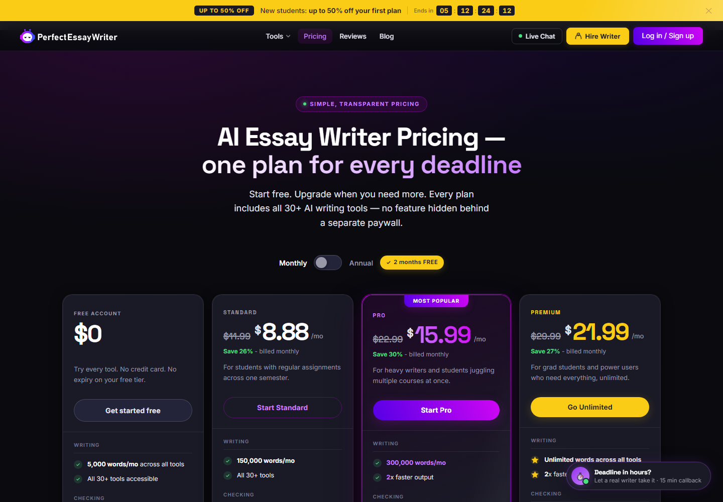 PerfectEssayWriter.ai pricing