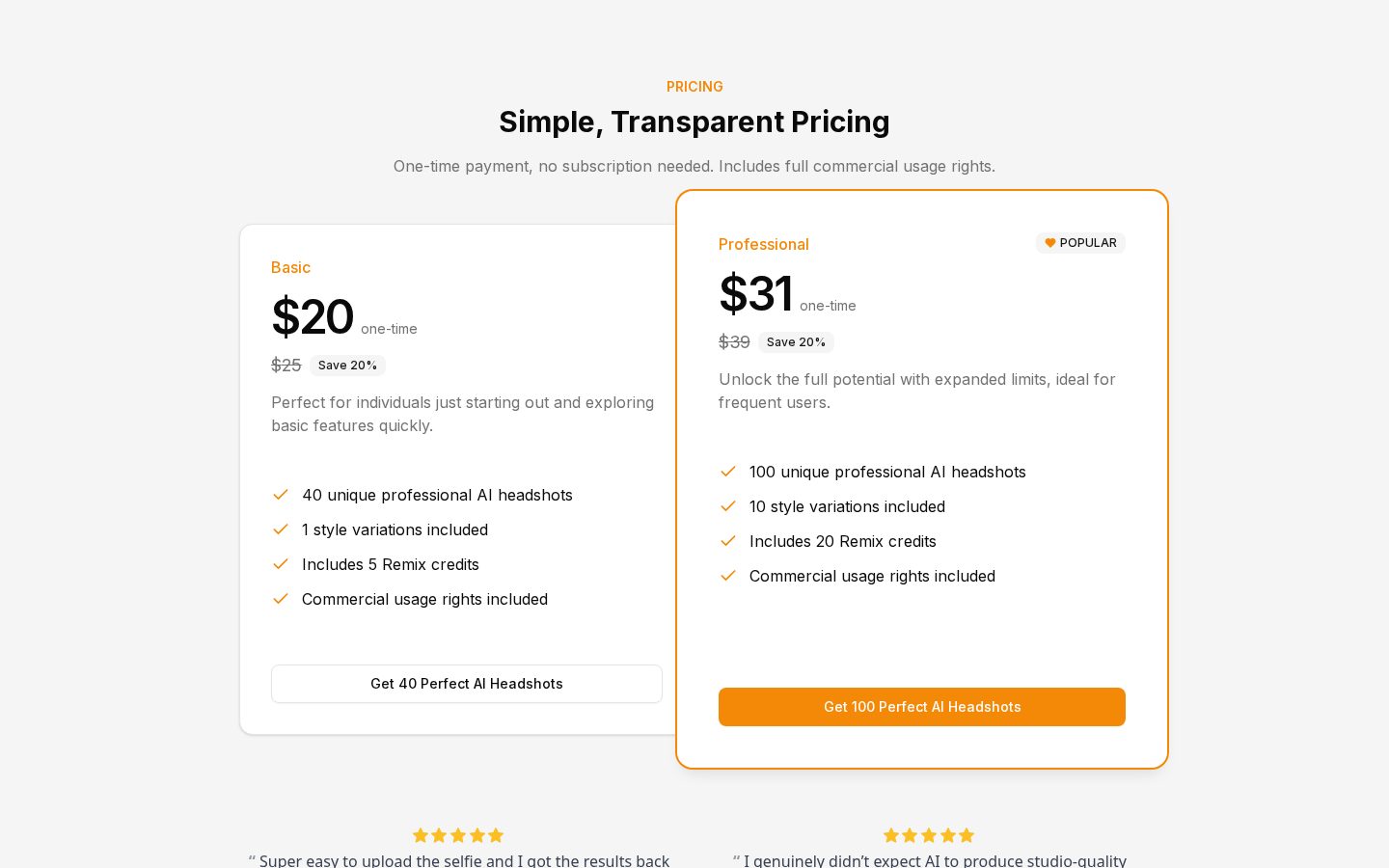 PerfectHeadshots Pricing