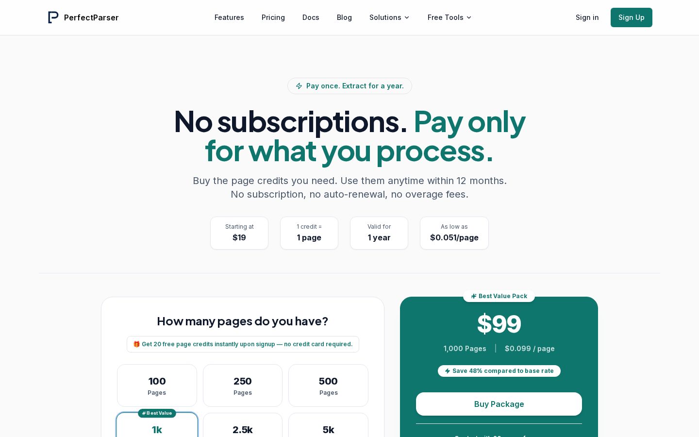 PerfectParser Pricing