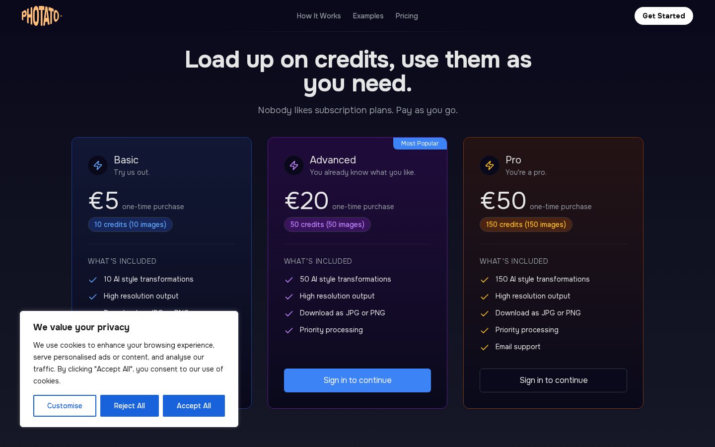 Photato Pricing
