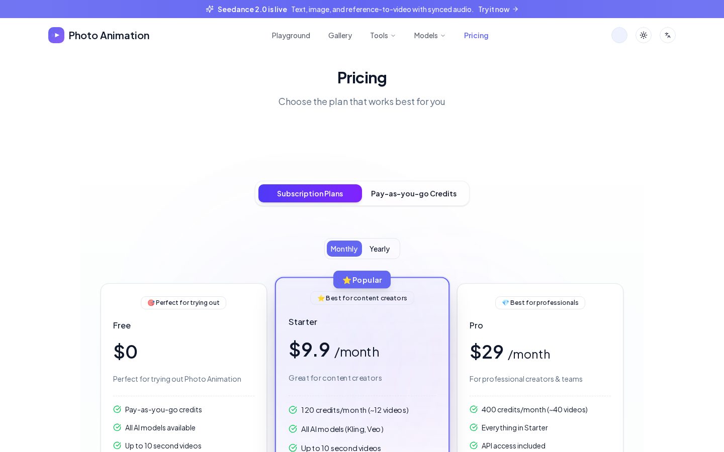Photo Animation Pricing