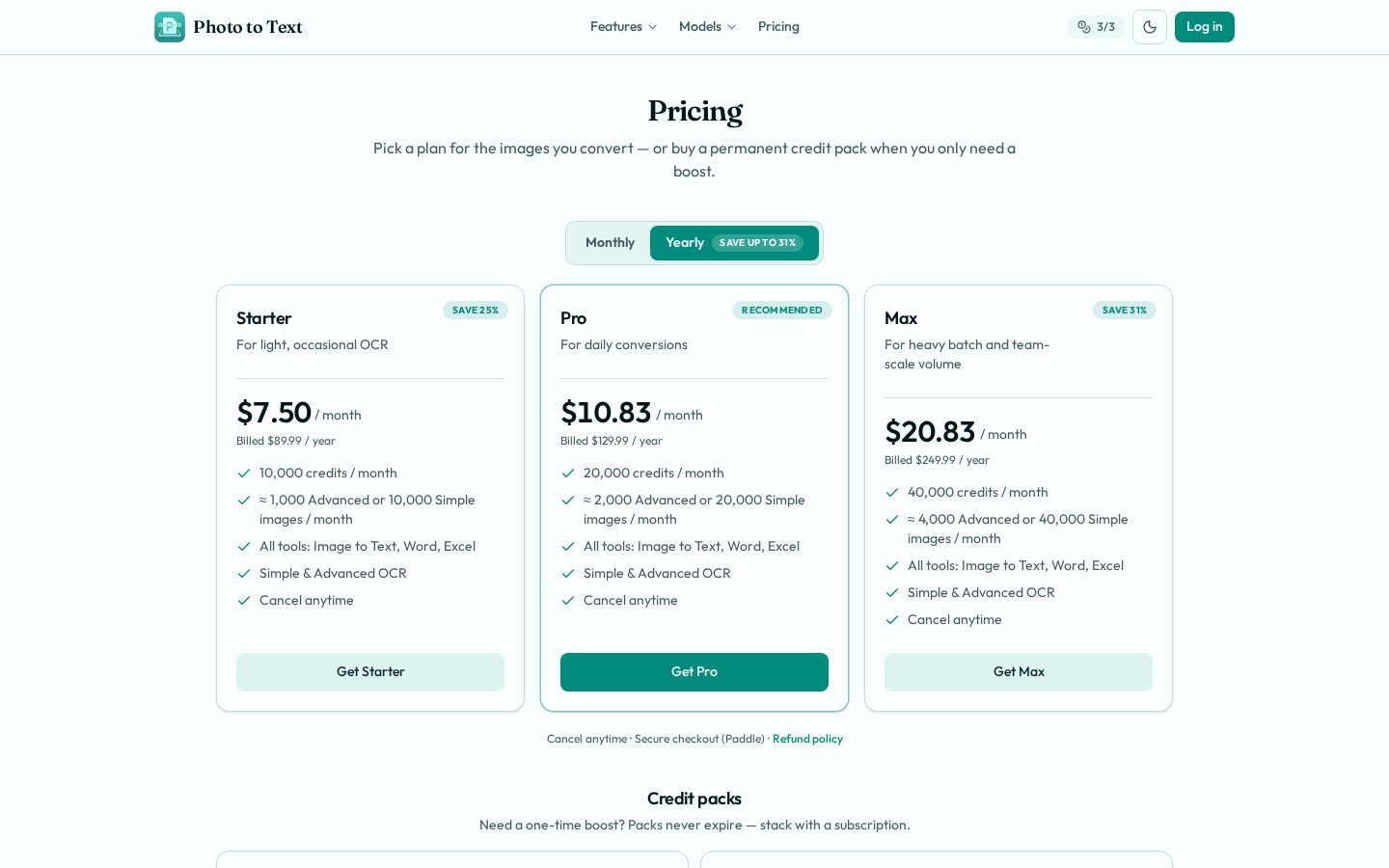 Photo to Text Pricing