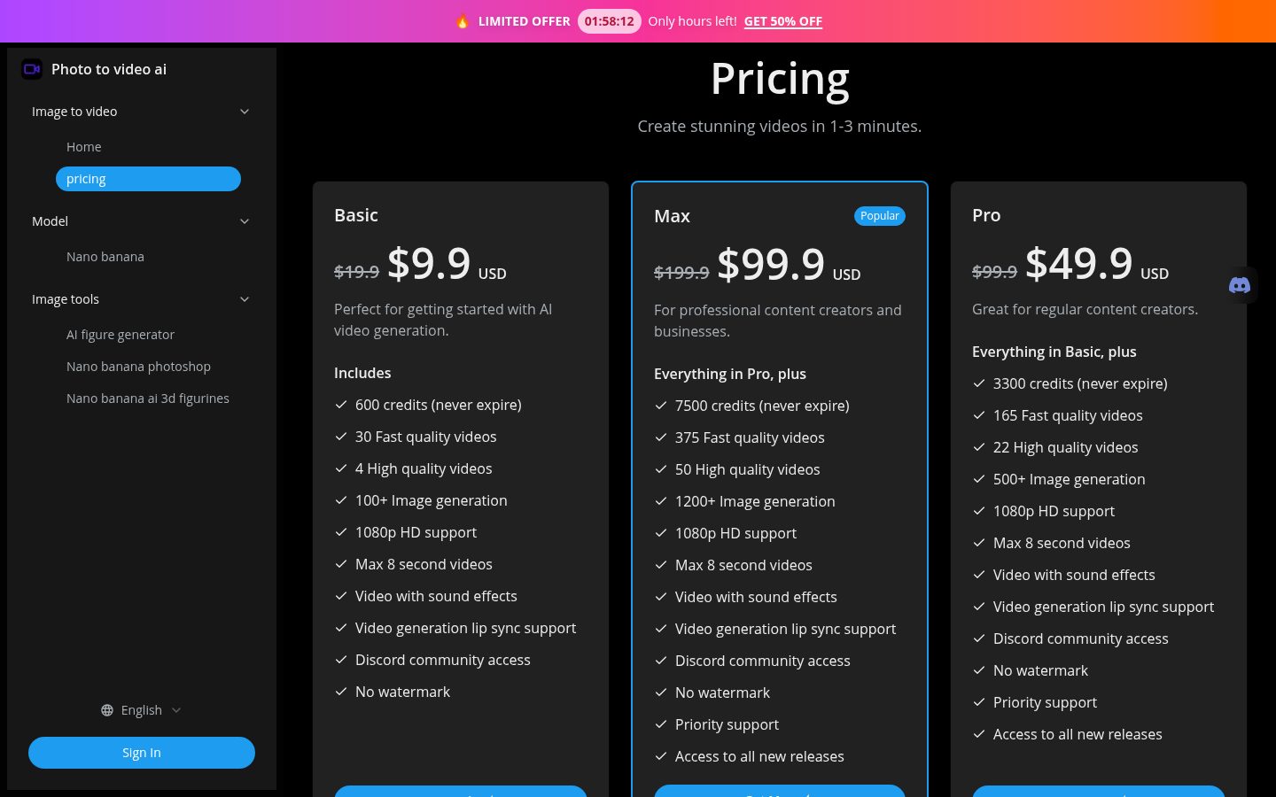 Photo to video ai Pricing