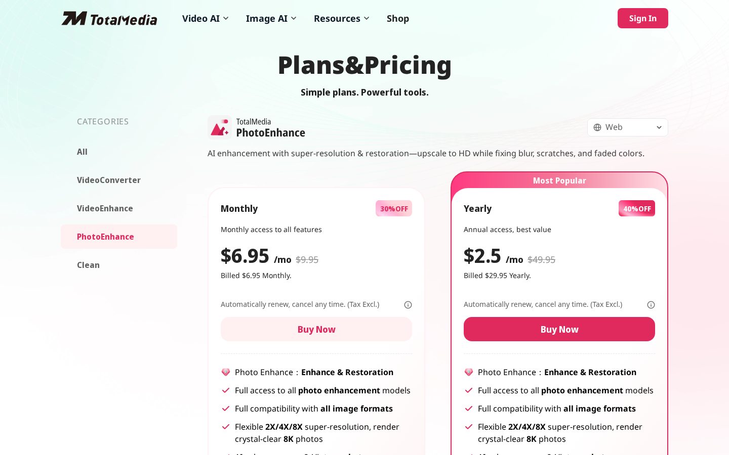 PhotoEnhance Pricing