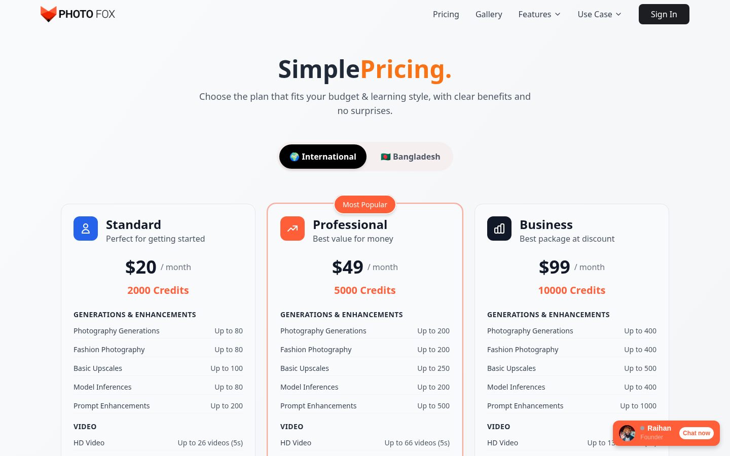PhotoFox AI Pricing