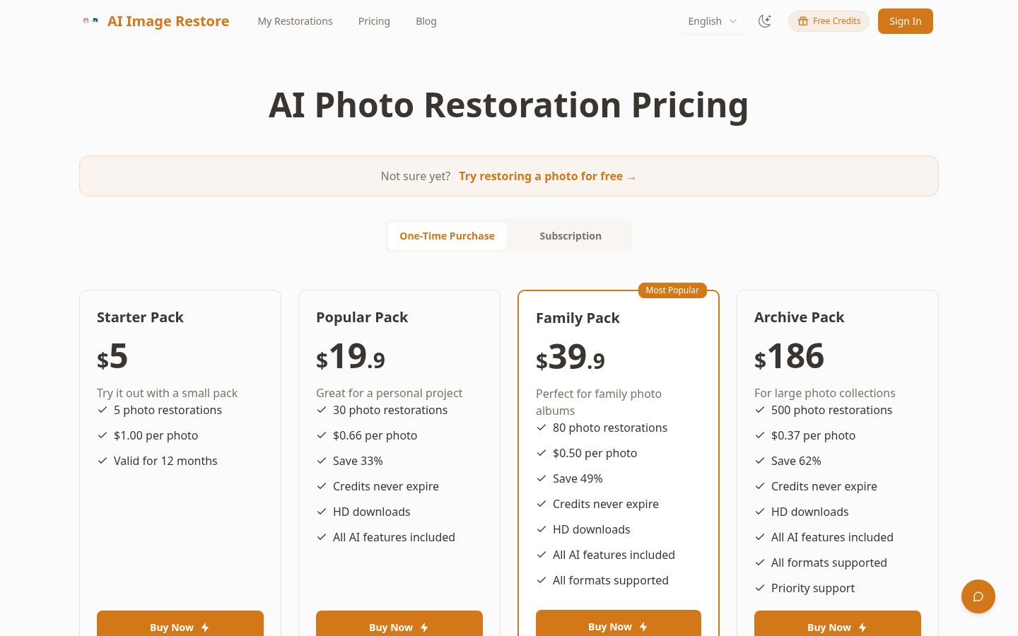 PhotoRestore AI Pricing
