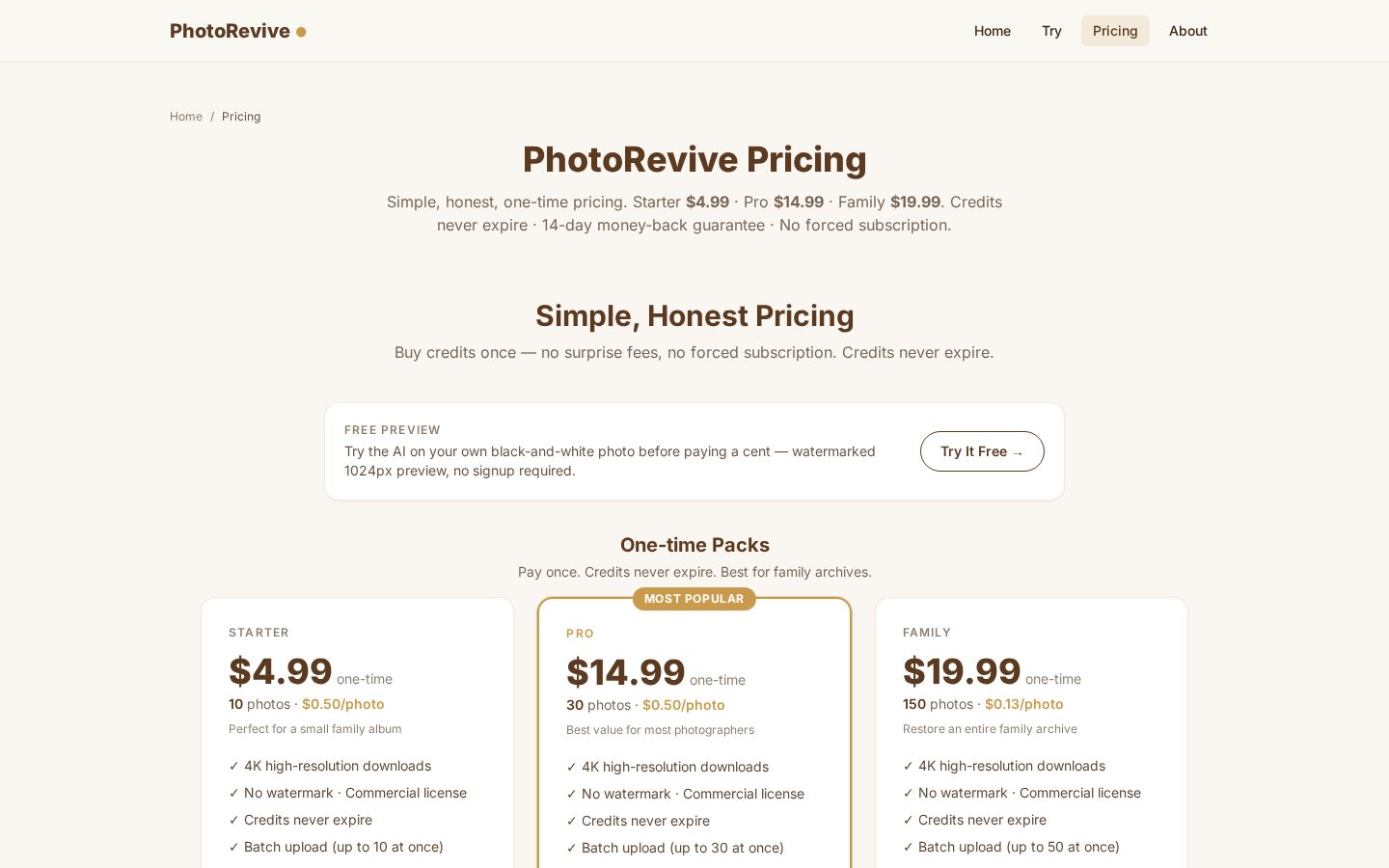 PhotoRevive Pricing