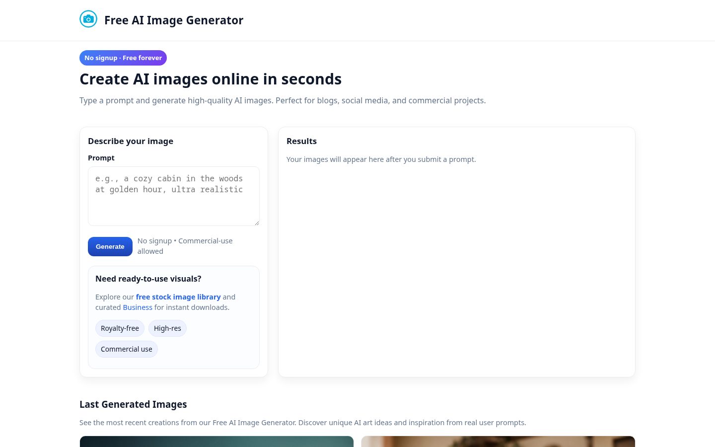 Photostock - Free AI Image Generator Homepage