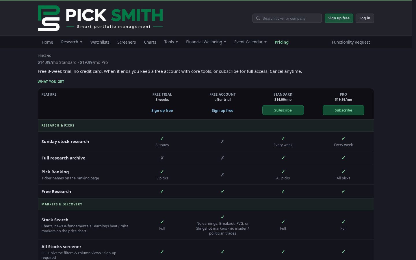 Picksmith Pricing