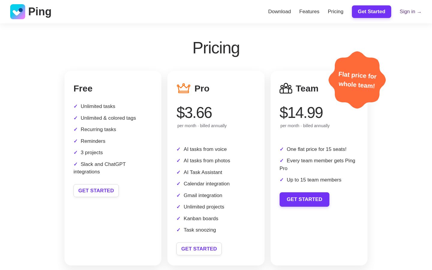 Ping AI Task List Pricing