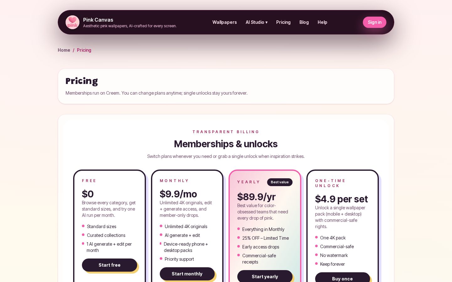 PinkCanvas Pricing