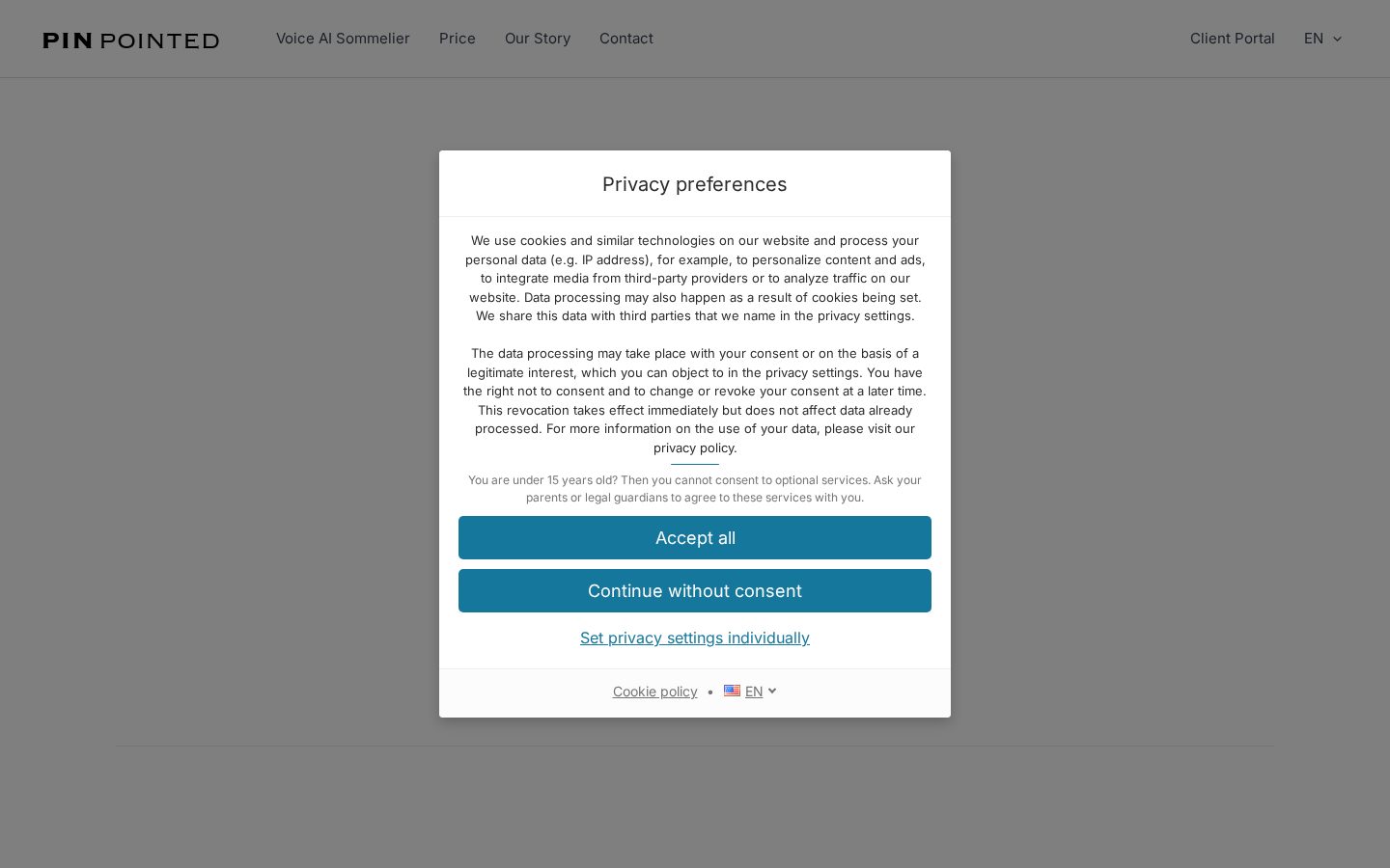 Pinpointed AI Sommelier Homepage
