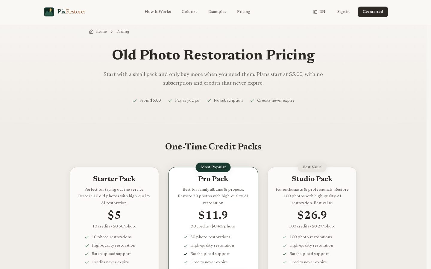 PixRestorer Pricing