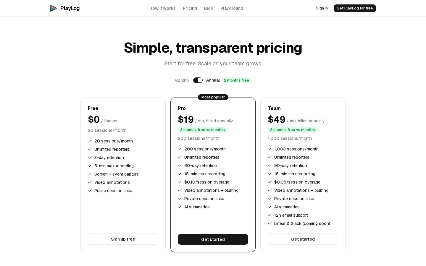 PlayLog Pricing