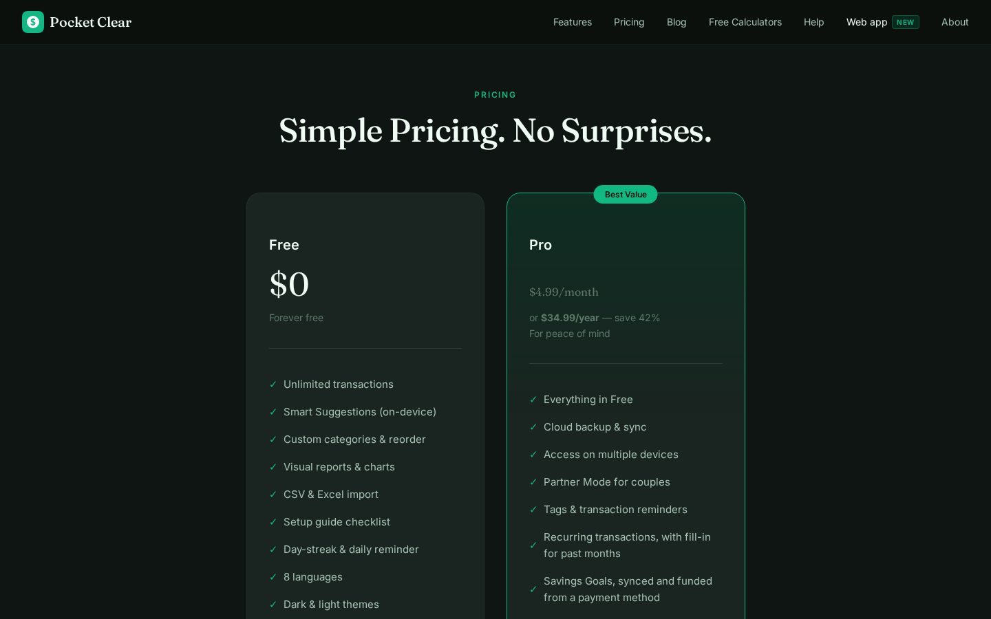 Pocket Clear Pricing