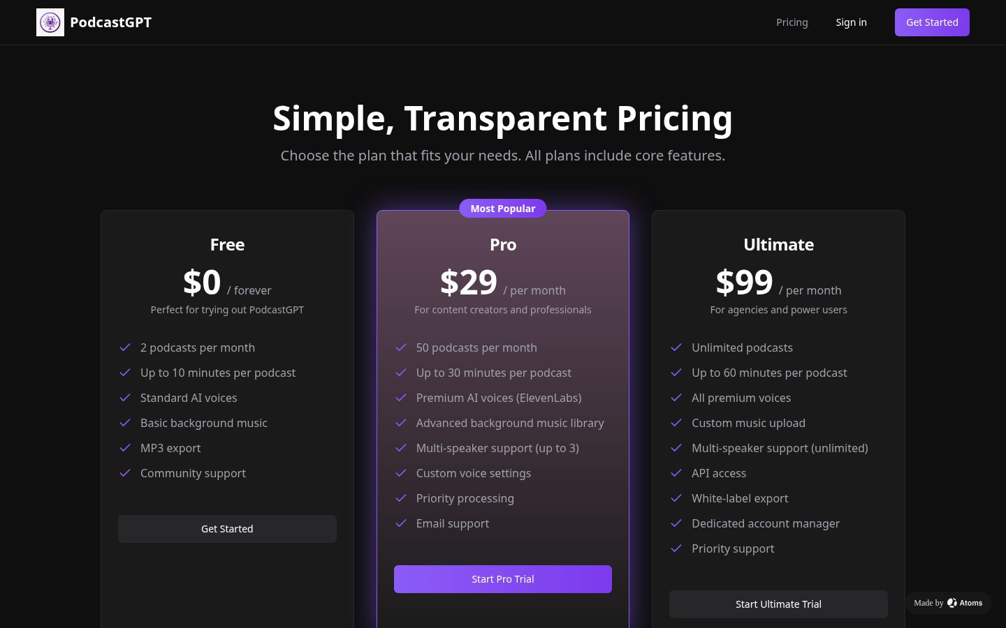 PodcastGPT Pricing