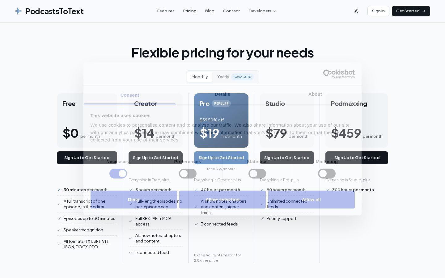 Podcasts to Text Pricing