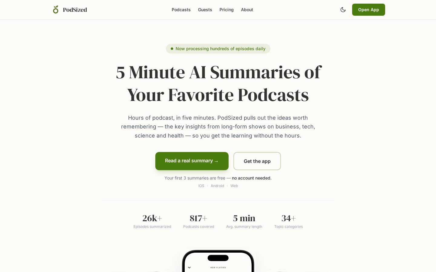 PodSized: Podcast Summaries Homepage