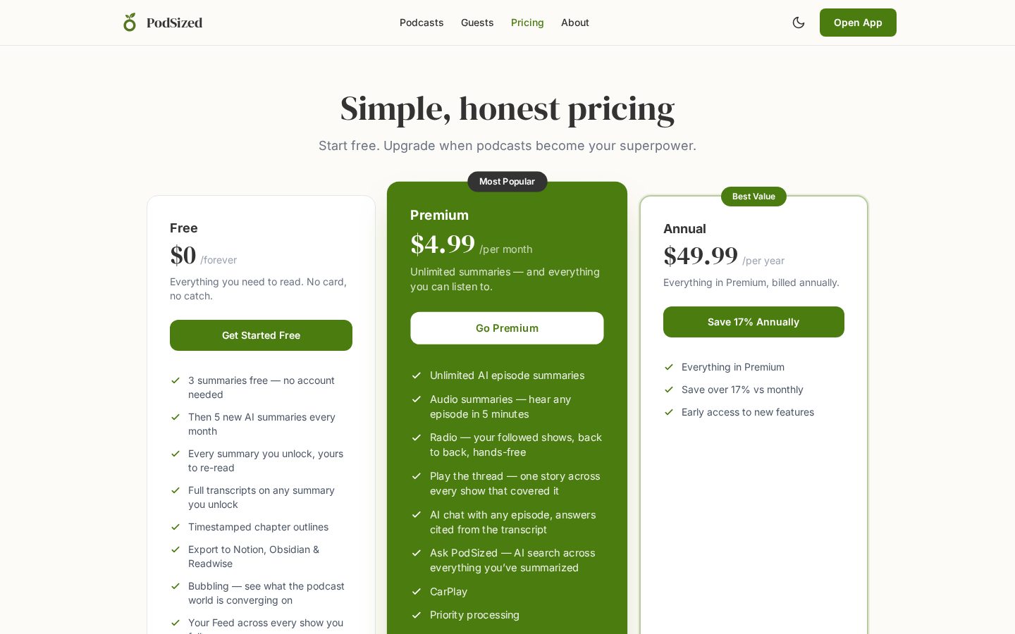 PodSized: Podcast Summaries Pricing