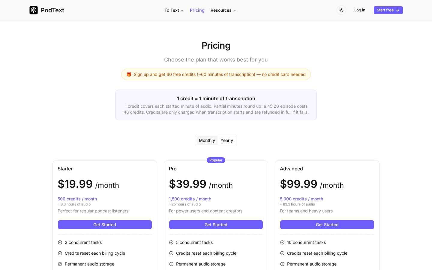 PodText Pricing