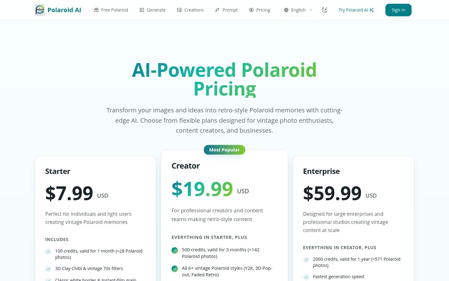 Polaroid AI Pricing