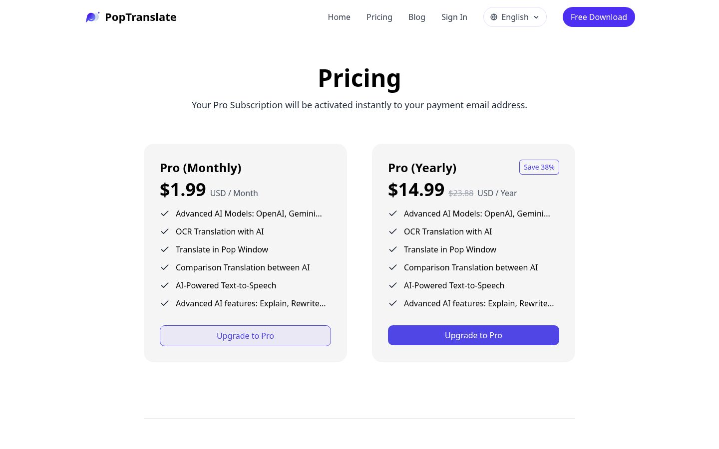 PopTranslate Pricing