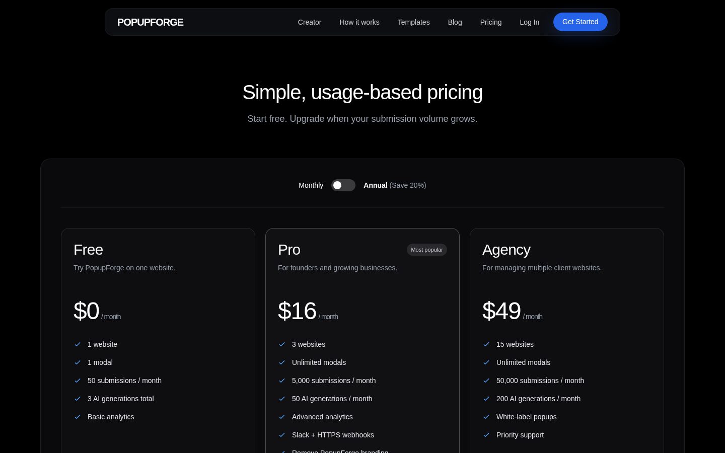 PopupForge Pricing