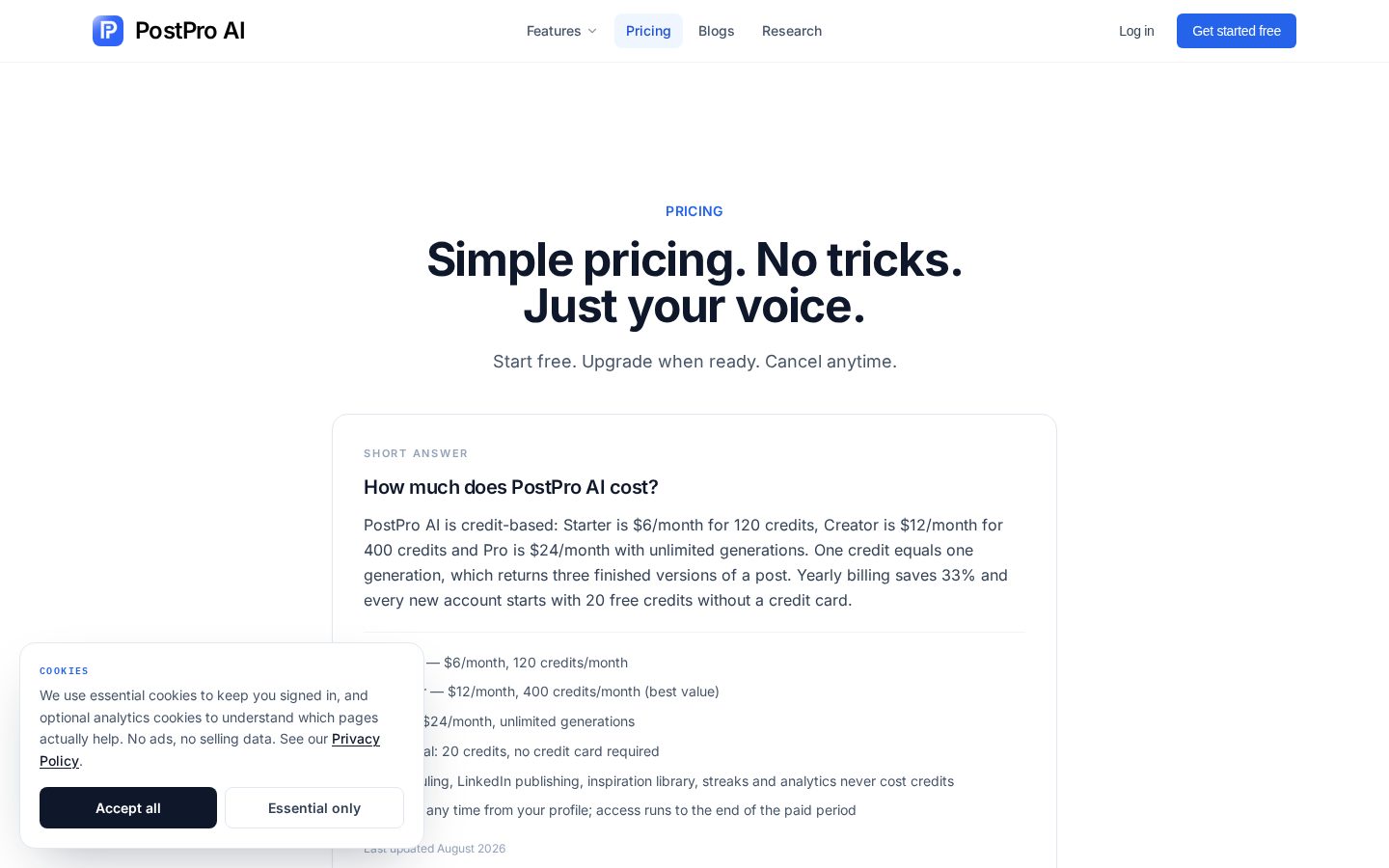 PostPro AI Pricing